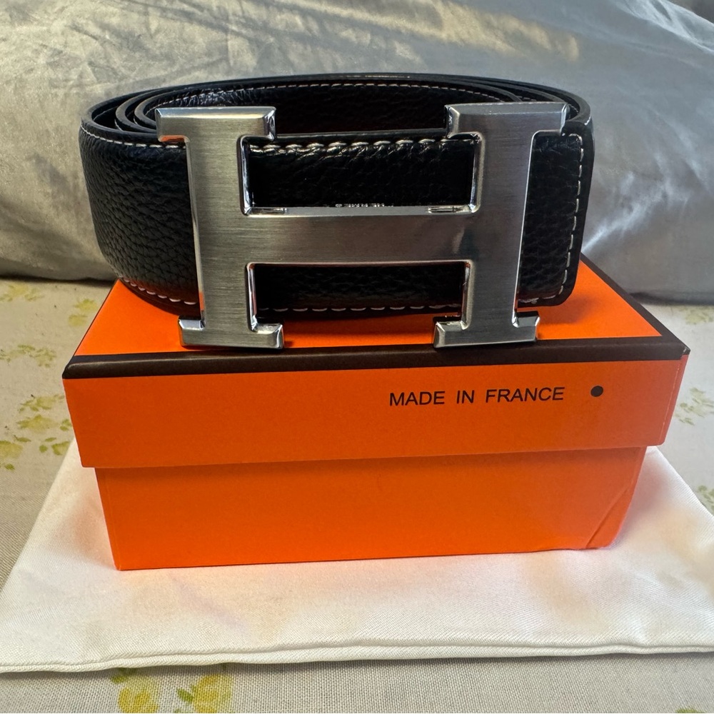 -Black Leather Hermes Belt with Silver Buckle
